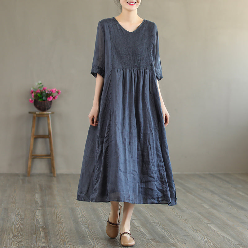 Summer Retro Loose Half Sleeve Linen V-Neck Dress