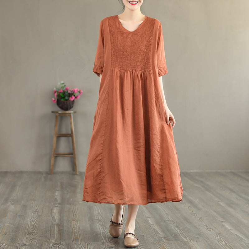 Summer Retro Loose Half Sleeve Linen V-Neck Dress