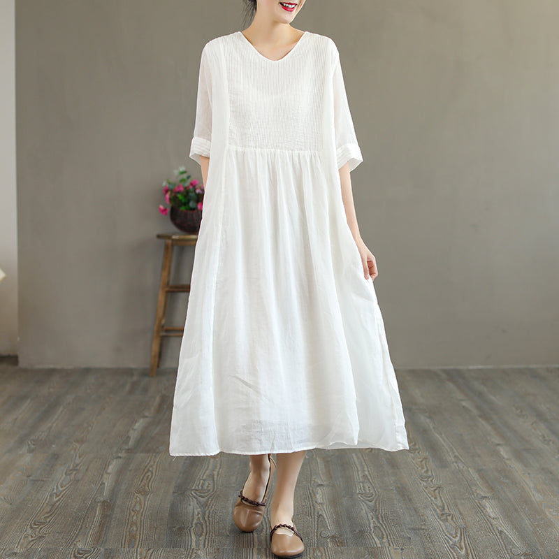 Summer Retro Loose Half Sleeve Linen V-Neck Dress