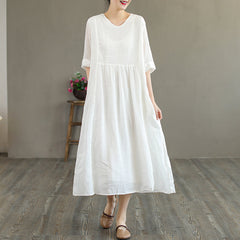 Summer Retro Loose Half Sleeve Linen V-Neck Dress