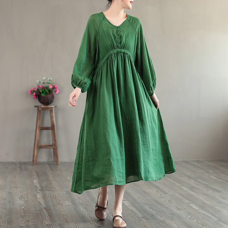 Summer Retro Loose Long Sleeve Thin Linen Solid Dress