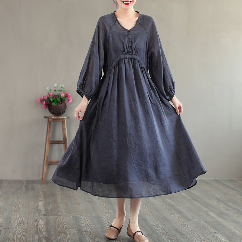 Summer Retro Loose Long Sleeve Thin Linen Solid Dress