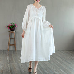 Summer Retro Loose Long Sleeve Thin Linen Solid Dress