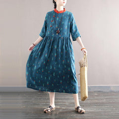 Summer Retro Plus Size Loose Linen Floral Dress