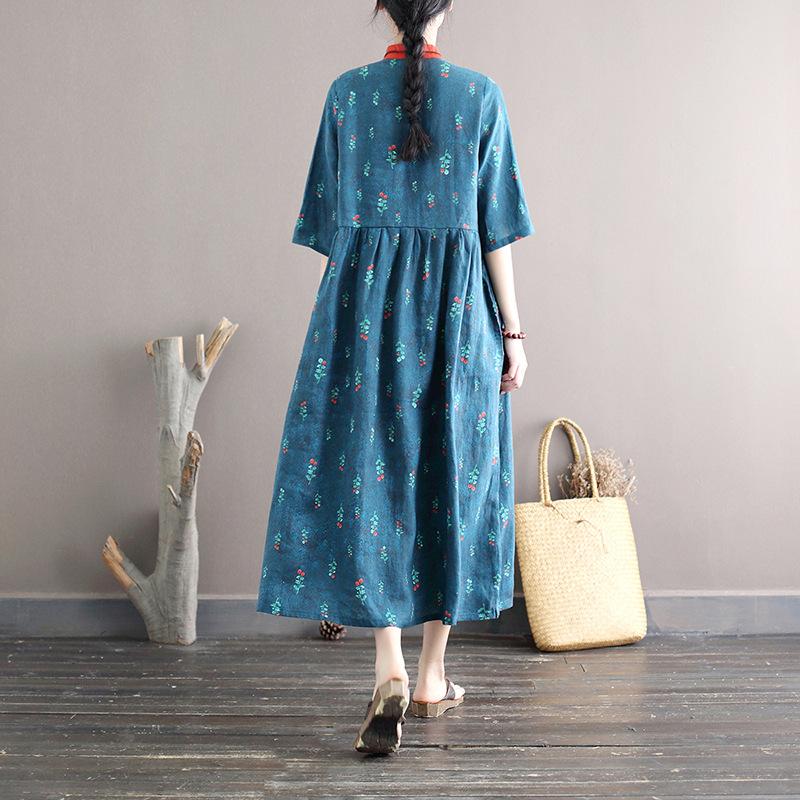 Summer Retro Plus Size Loose Linen Floral Dress