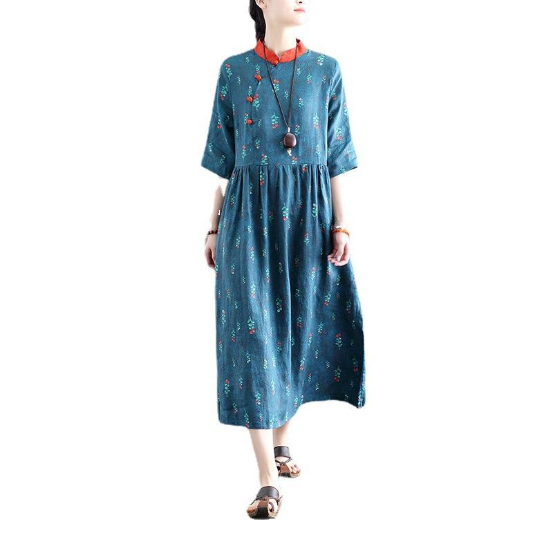 Summer Retro Plus Size Loose Linen Floral Dress