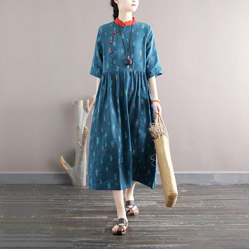 Summer Retro Plus Size Loose Linen Floral Dress