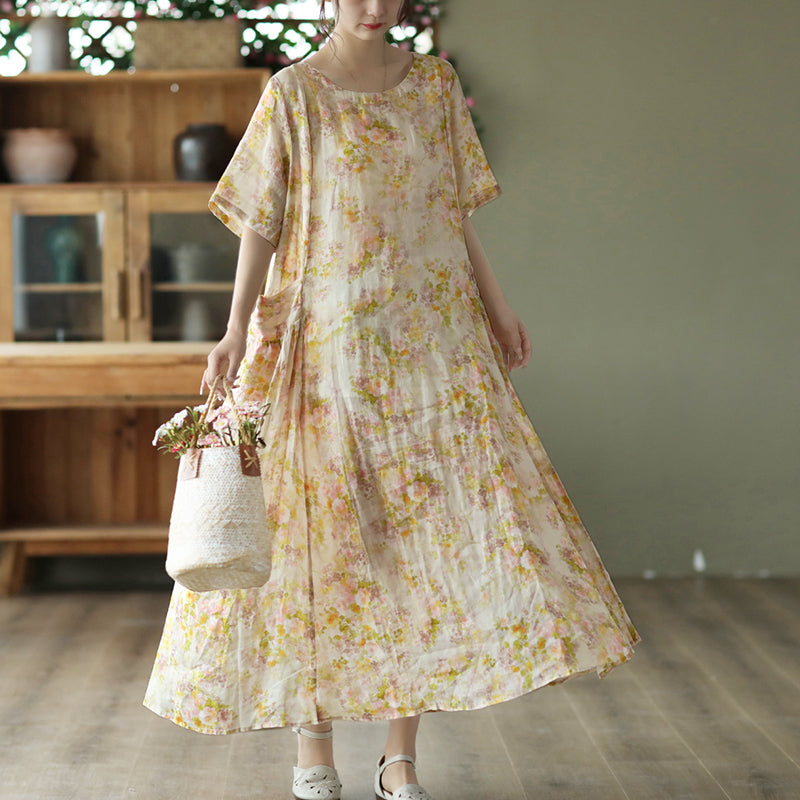 Summer Retro Print Linen Loose Dress