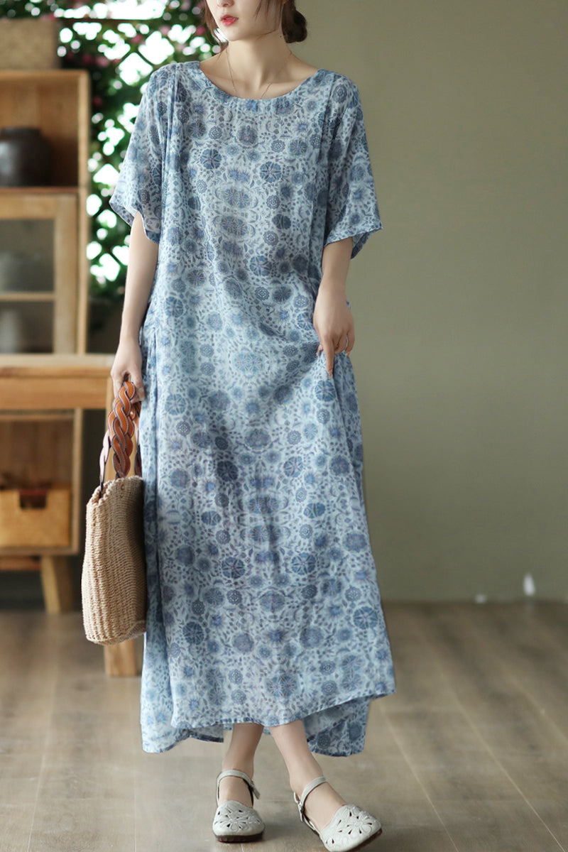 Summer Retro Print Linen Loose Dress