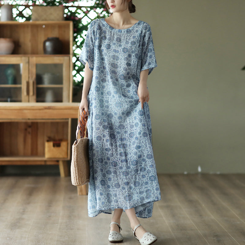 Summer Retro Print Linen Loose Dress