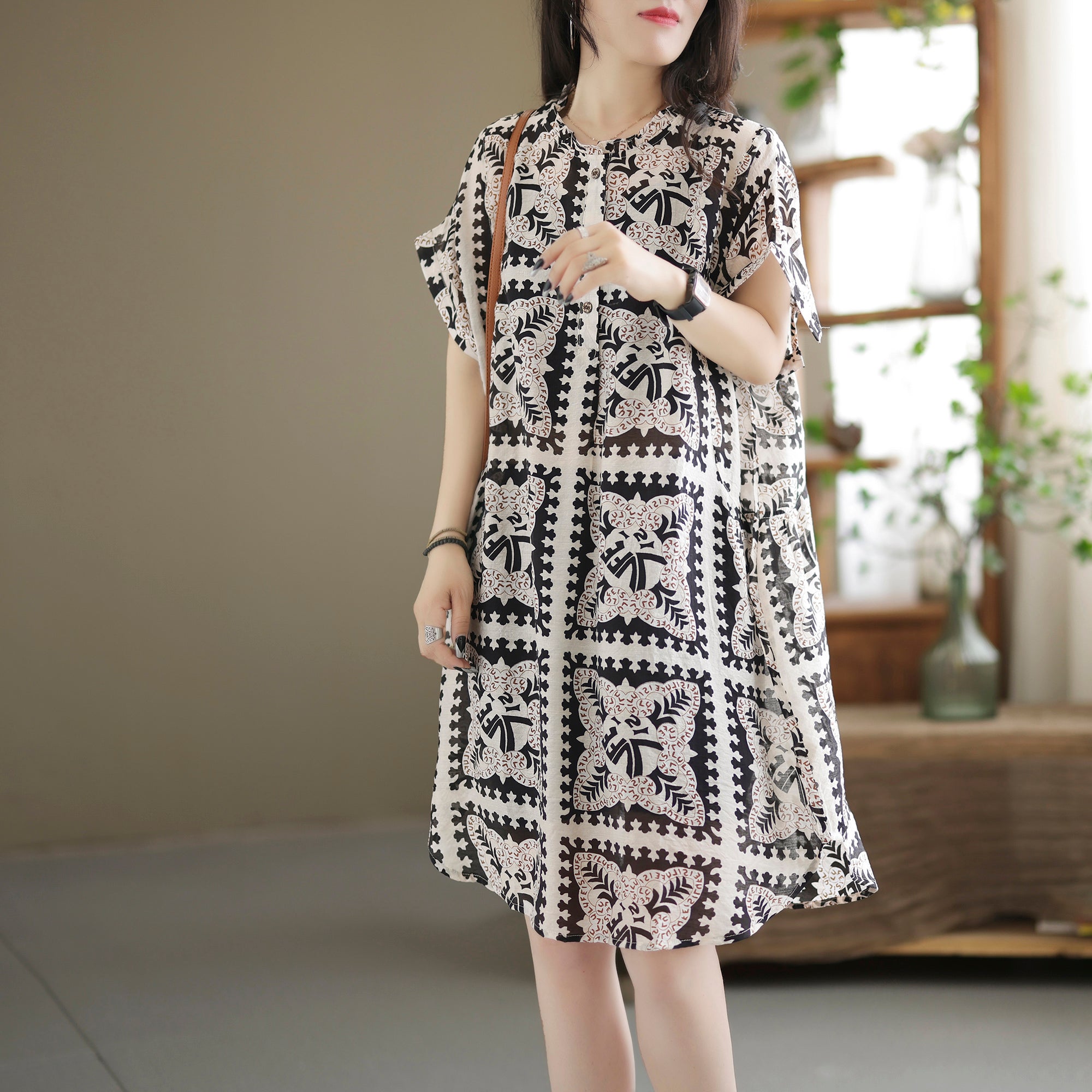 Summer Retro Printed Casual Linen Mini Dress