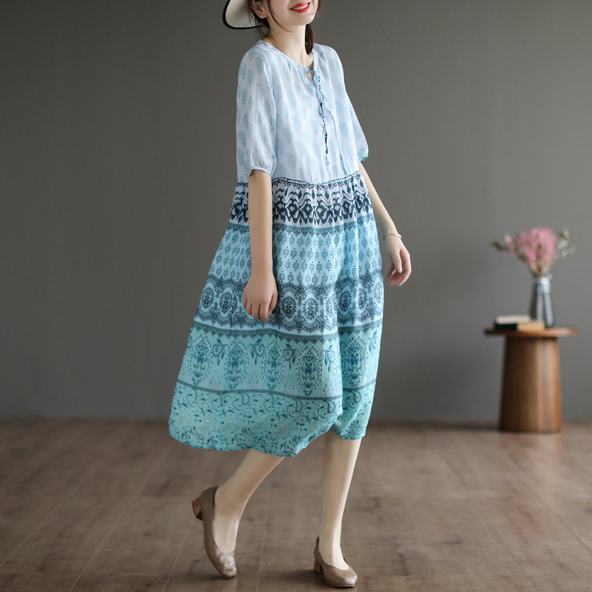 Summer Retro Printed Linen Loose Dress