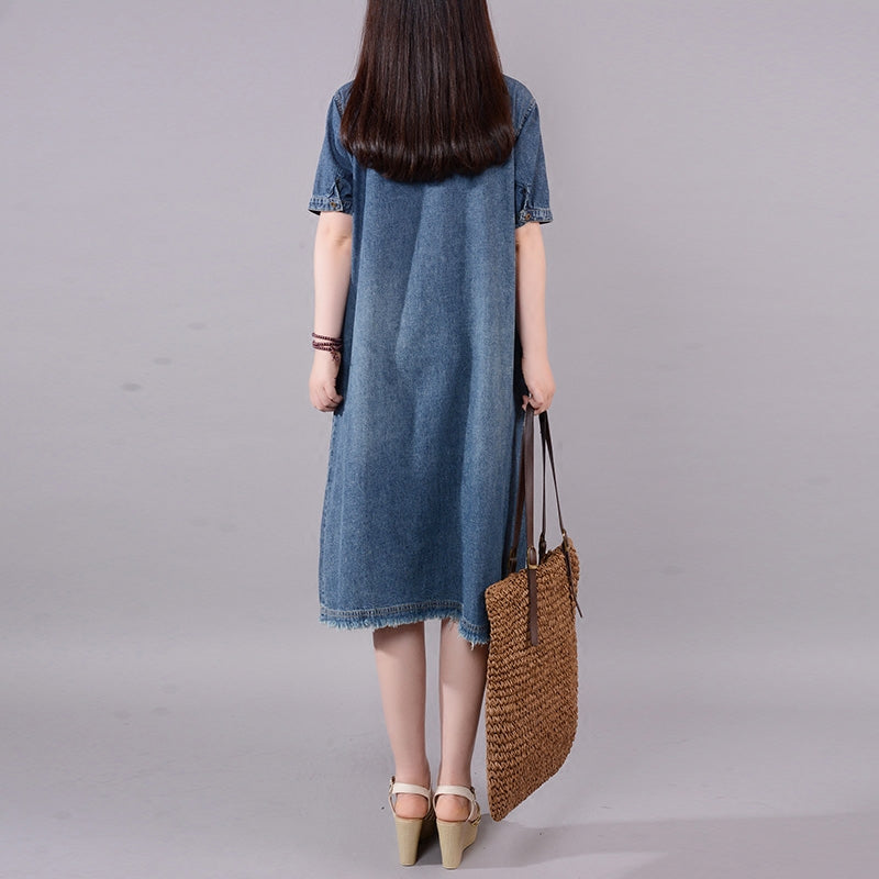 Summer Retro Tassels Hem Cotton Denim Dress