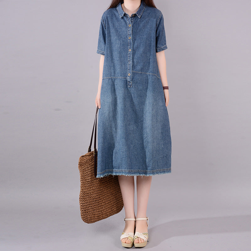 Summer Retro Tassels Hem Cotton Denim Dress