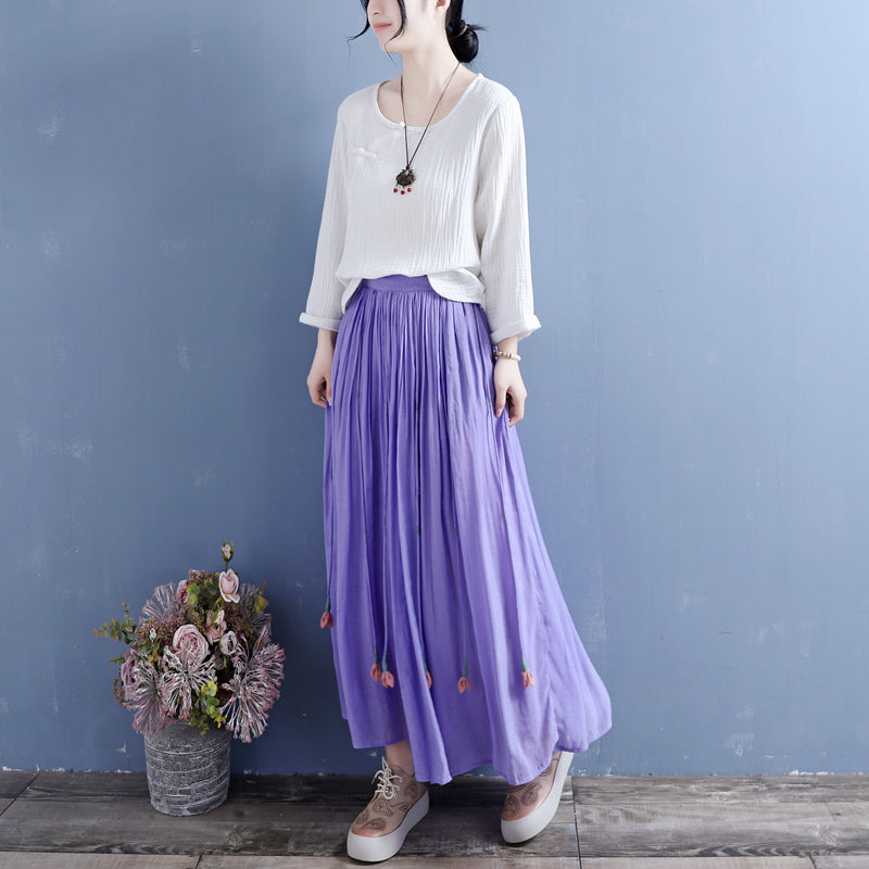 Summer Retro Tassels Solid Linen Silk Pleated Skirt