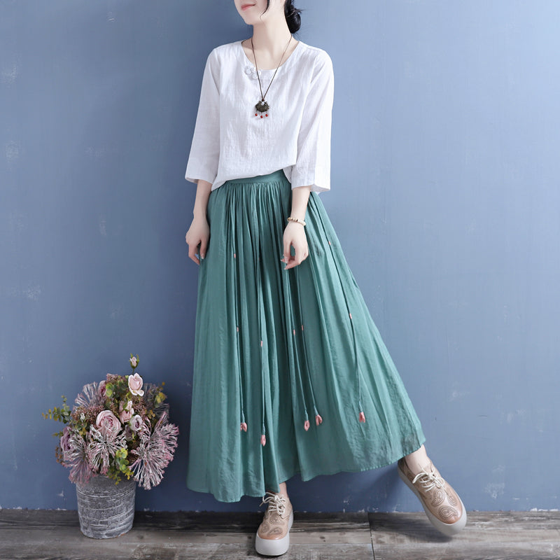 Summer Retro Tassels Solid Linen Silk Pleated Skirt