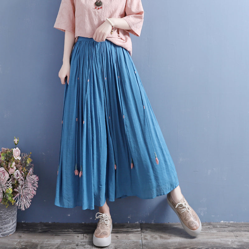 Summer Retro Tassels Solid Linen Silk Pleated Skirt