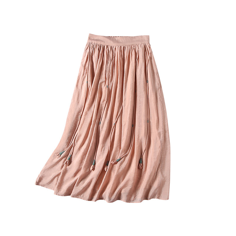 Summer Retro Tassels Solid Linen Silk Pleated Skirt