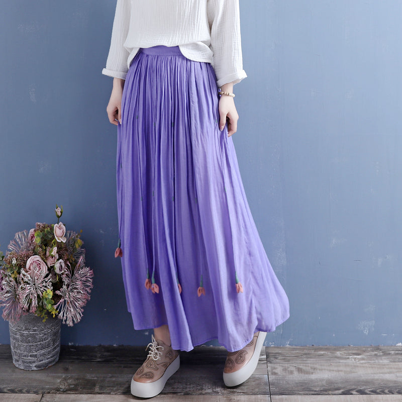 Summer Retro Tassels Solid Linen Silk Pleated Skirt