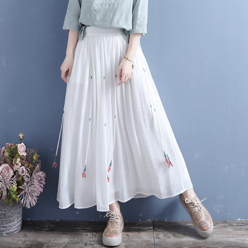 Summer Retro Tassels Solid Linen Silk Pleated Skirt