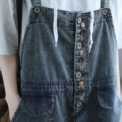 Summer Retro Thin Wooden Button Denim Jumpsuit