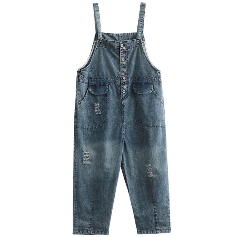 Summer Retro Thin Wooden Button Denim Jumpsuit