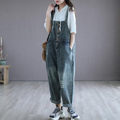 Summer Retro Thin Wooden Button Denim Jumpsuit