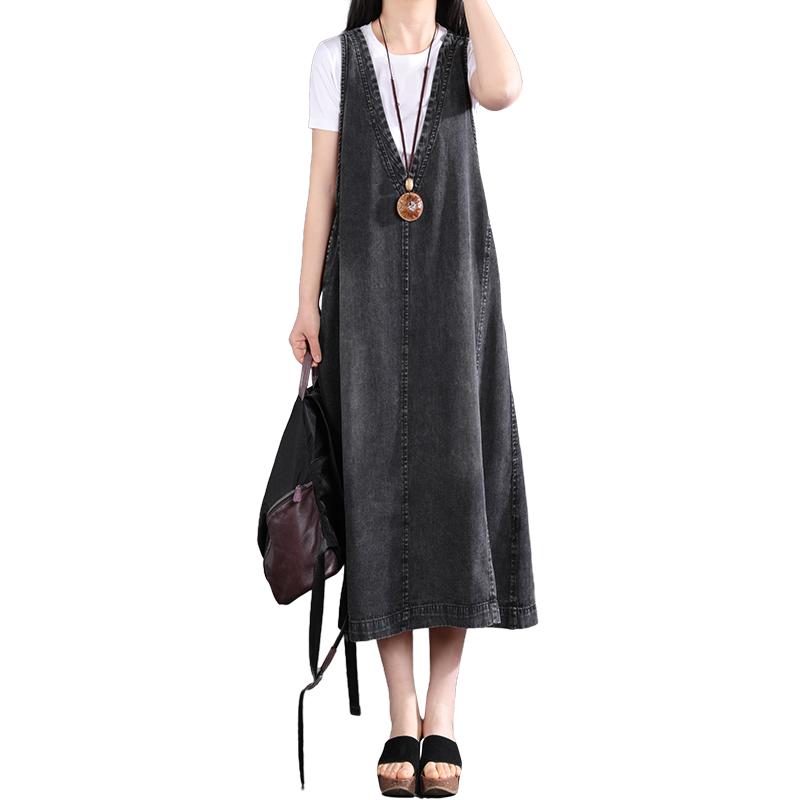 Summer V-Neck Parchwork Pullove Cotton Denim Dress