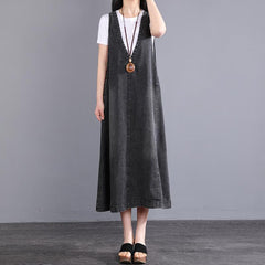 Summer V-Neck Parchwork Pullove Cotton Denim Dress