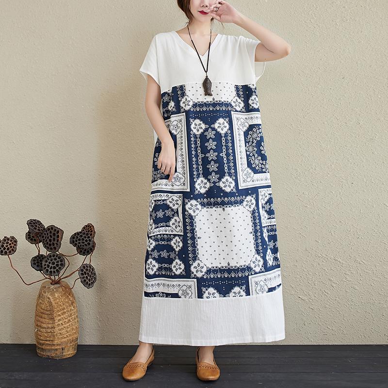 Summer Retro Printed V-Neck Plus Size Loose Linen Dress