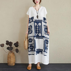 Summer Retro Printed V-Neck Plus Size Loose Linen Dress