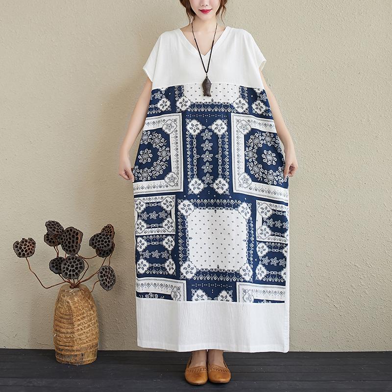 Summer Retro Printed V-Neck Plus Size Loose Linen Dress