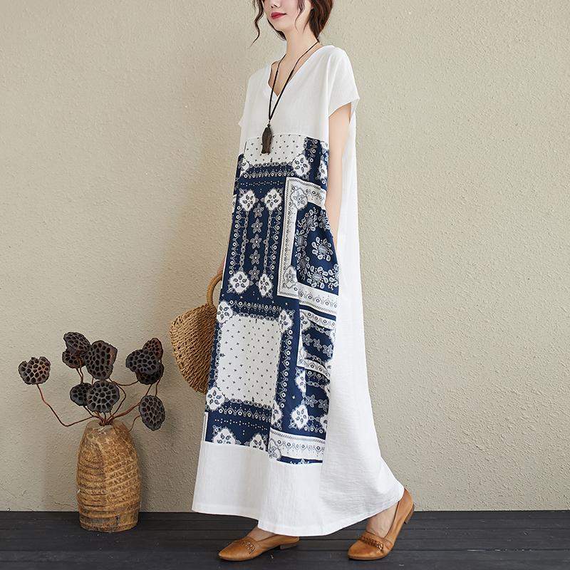 Summer Retro Printed V-Neck Plus Size Loose Linen Dress