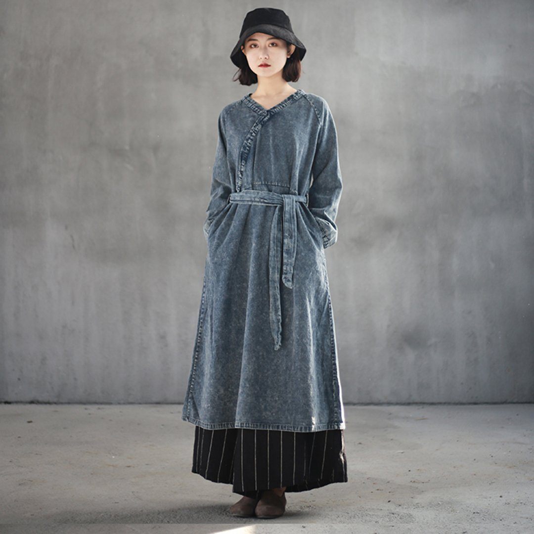 Surplice Denim Dress With Belt