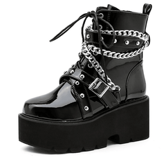 Damen-Gothic-Patent-Stiefeletten mit Plattform, klobiger hoher Absatz, Schnür-Kampfstiefel, kurze Punk-Stiefeletten 