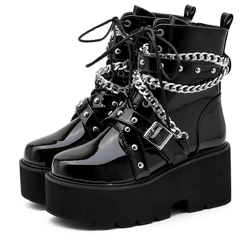 Damen-Gothic-Patent-Stiefeletten mit Plattform, klobiger hoher Absatz, Schnür-Kampfstiefel, kurze Punk-Stiefeletten 