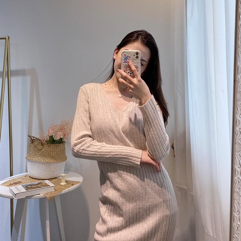 V-Neck Long Knitted Bottoming Dress