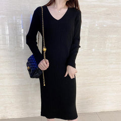 V-Neck Long Knitted Bottoming Dress