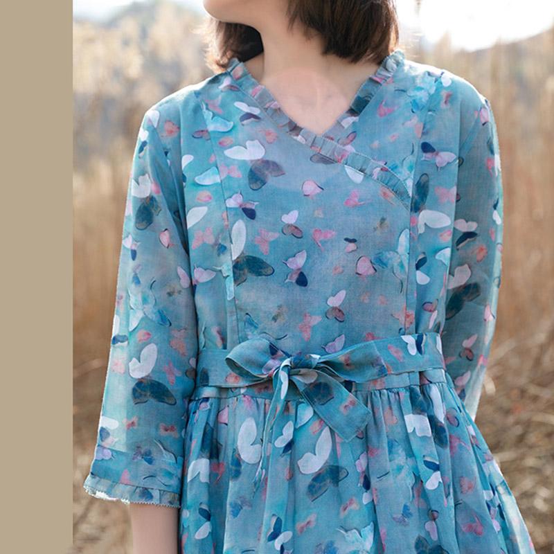 V-neck Ramie Print Floral Dress