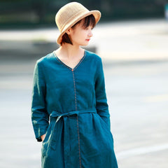 V-Neck Topstitching Linen Dress With Belt