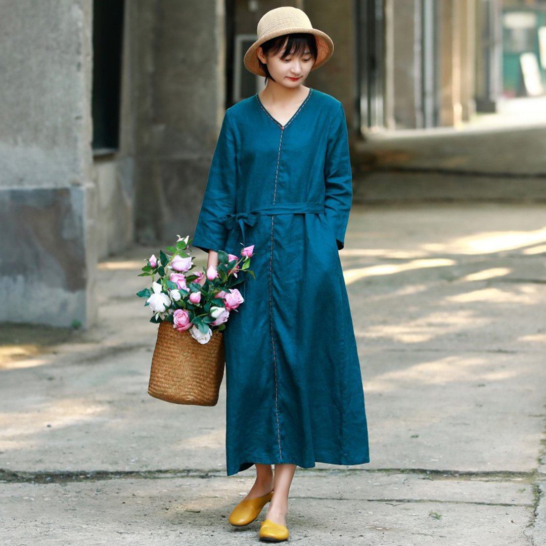 V-Neck Topstitching Linen Dress With Belt