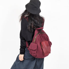 Red Leather Canvas Simple Style Women Backpack Shoulder Bag