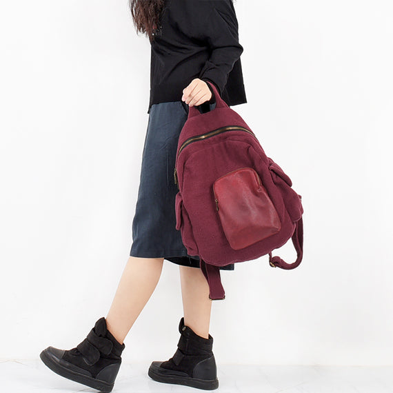 Red Leather Canvas Simple Style Women Backpack Shoulder Bag