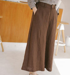 Coffee Linen Wide Leg Women Casual Pants SJ97235