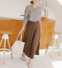 Coffee Linen Wide Leg Women Casual Pants SJ97235