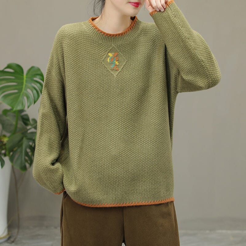 Winter Casual Embroidery Knitted Patchwork Sweater