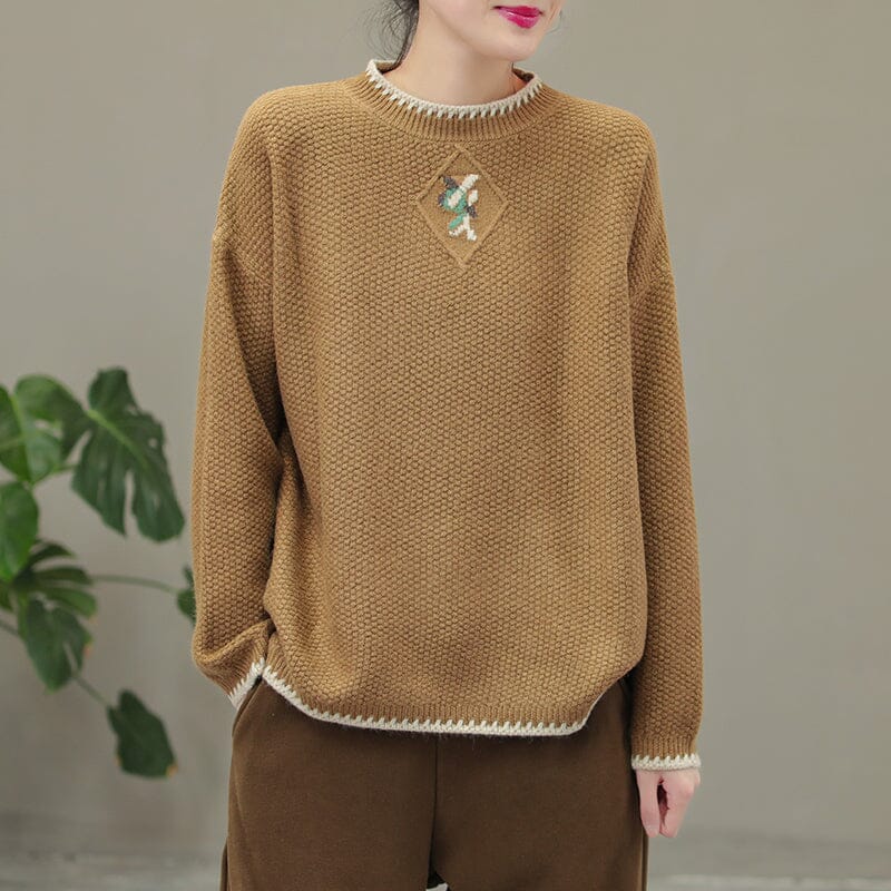 Winter Casual Embroidery Knitted Patchwork Sweater