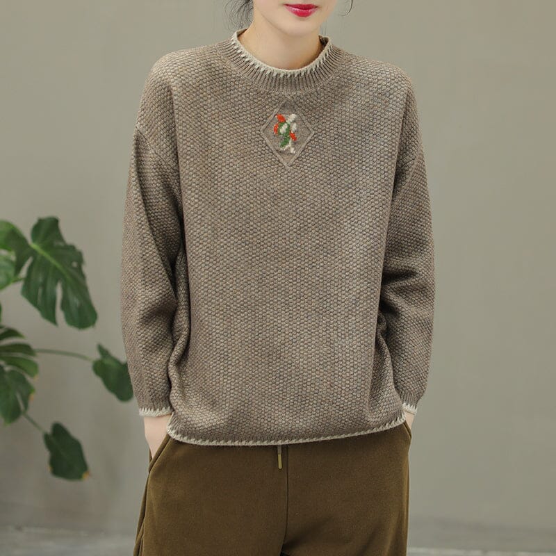 Winter Casual Embroidery Knitted Patchwork Sweater