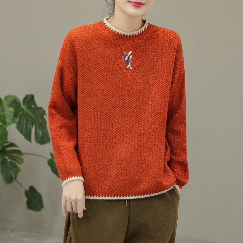 Winter Casual Embroidery Knitted Patchwork Sweater