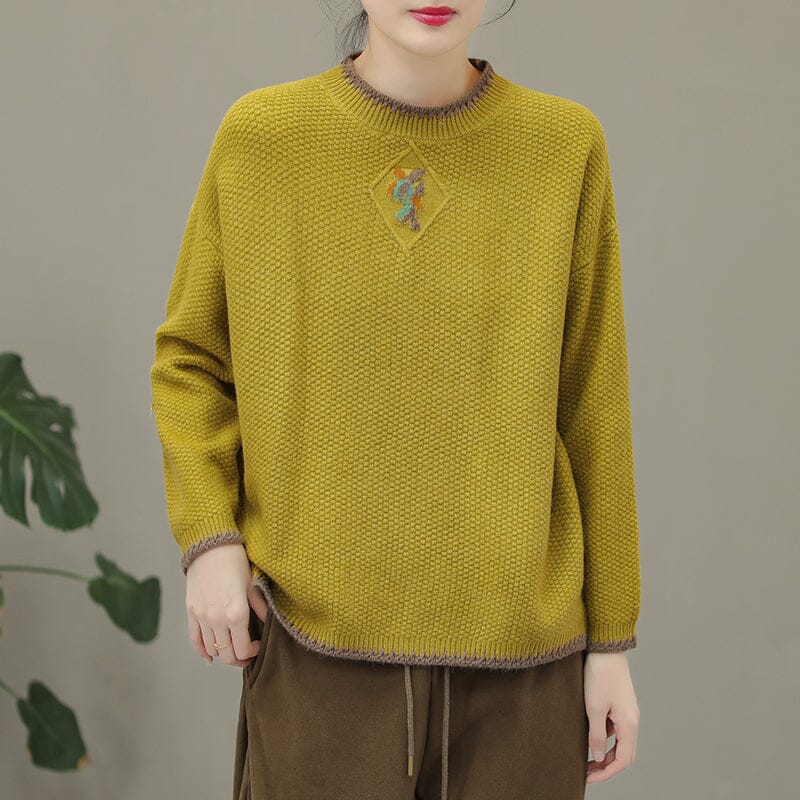 Winter Casual Embroidery Knitted Patchwork Sweater